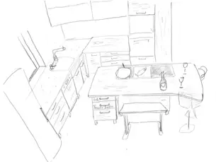 Vogelperspektive der Massivholzküche mit Bleistift auf Papier 