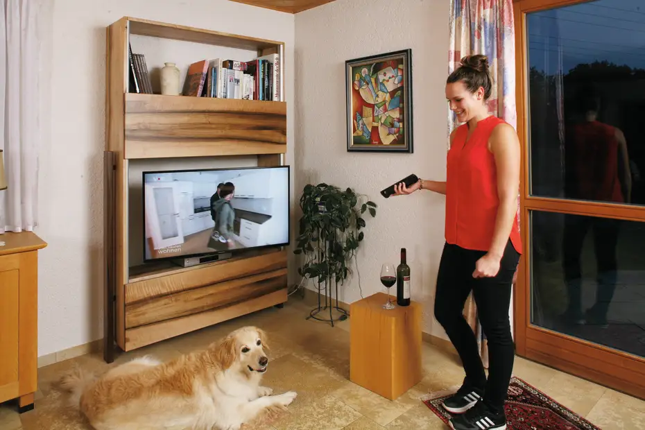 TV-Möbel mit synchronsierten Vertikal-Schiebtüren 
