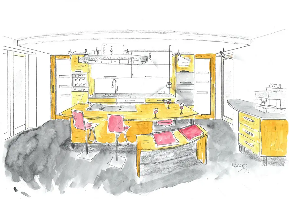 Die Handzeichnungen nehmen die Optik der Küche vorweg