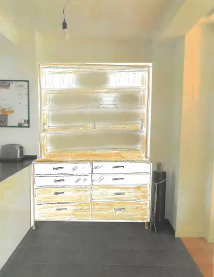 Büchermöbel in Kirschbaum mit weißem Glas 