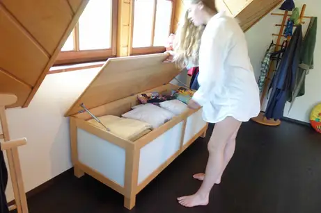 Massivholztruhe mit weißen Füllungen aus Glas 