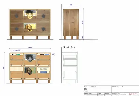 Technische Zeichnung des Schallplattenmöbels für Chemnitz 