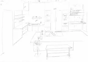 Bleistiftzeichnung der neune Küche 