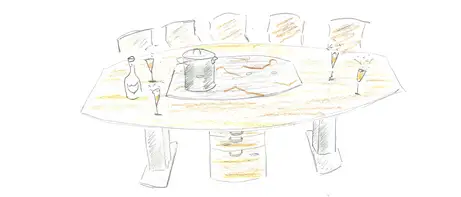 Höhenverstellbarer Konferenztisch mit integriertem aber unsichtbaren Kochfeld 