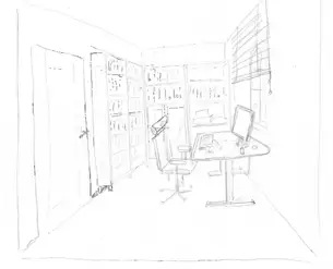 Erste Freihandzeichnung der Regalwand mit Leiter 