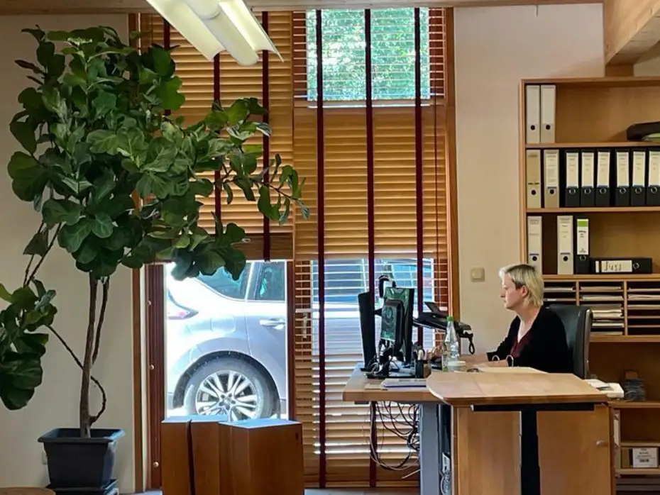 Holzjalousie in Buche mit roten Leiterbändern 