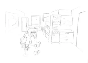 Bleistiftzeichnung für die Elsbeerenküche in Massivholz 