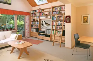 Bücherregal mit Fernseher und Leiter