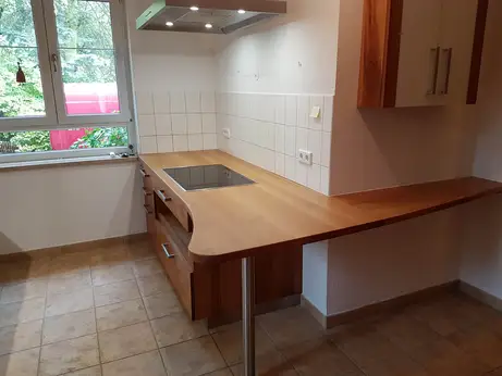 Masivholzküche aus dunkler Eiche und Glasfronten