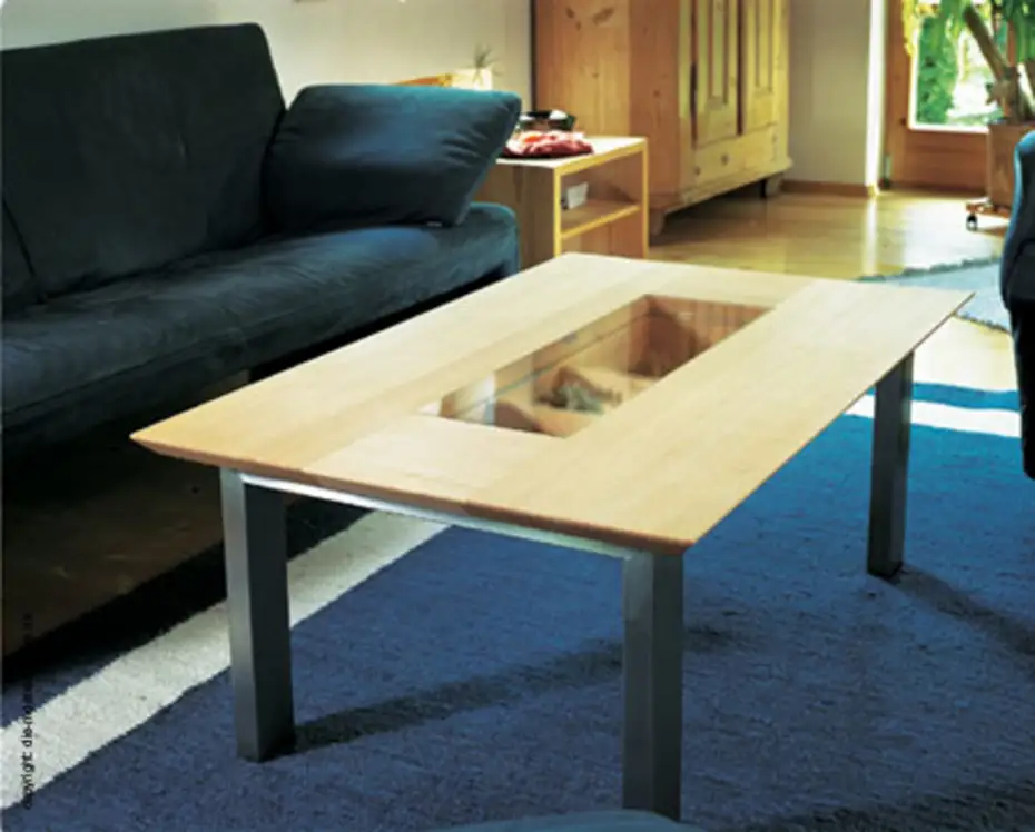 Edelstahlgestell mit verleimten Massivholzrahmen , Glasfüllung und Dekofach 