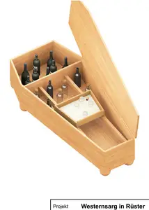 Massivholzsarg als Sitzbank und Barschrank Massivholzsarg als Sitzbank und Barschrank