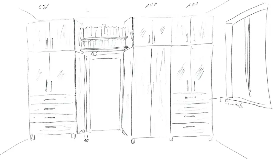 Bleistiftskizze Schlafzimmer in massivem Kirschbaum 